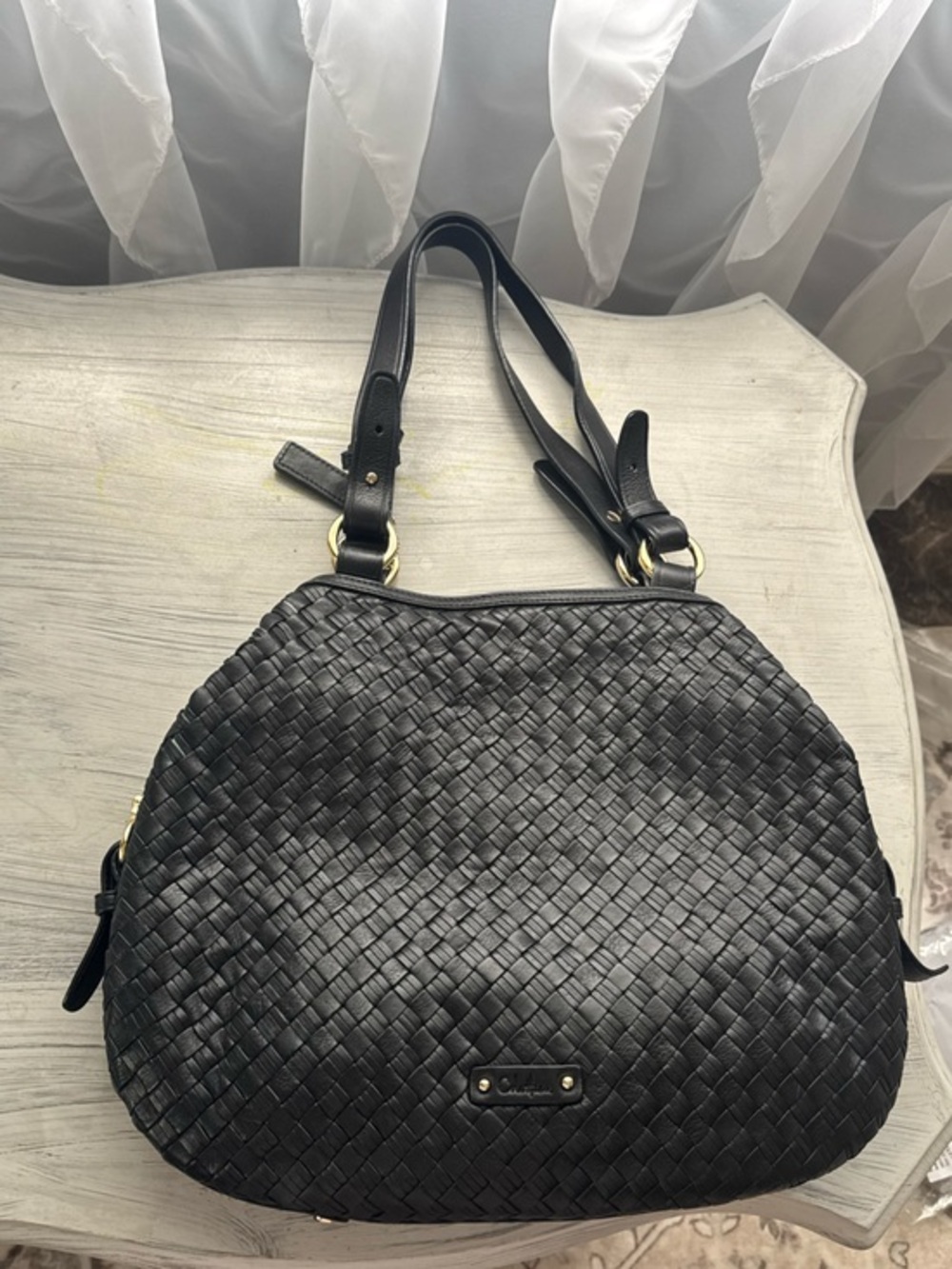 Cole Haan Black Woven Leather Shoulder Bag Gold Hardware